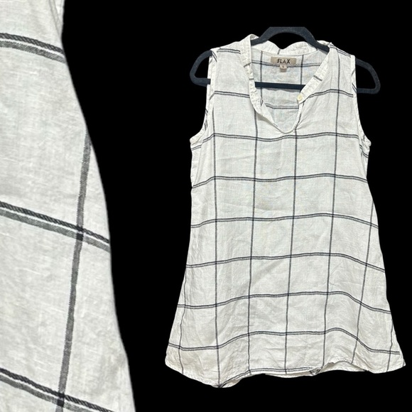 Flax Dresses & Skirts - Flax linen white dress gray square print slightly Aline dress small capsule